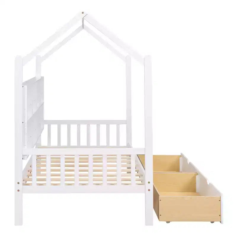 Twin Size House Bed,with Trundle and Storage Shelf,Kids Bed with Roof Design,Multifunctional Sky Roof House Bed Frame,No Box Spring Required