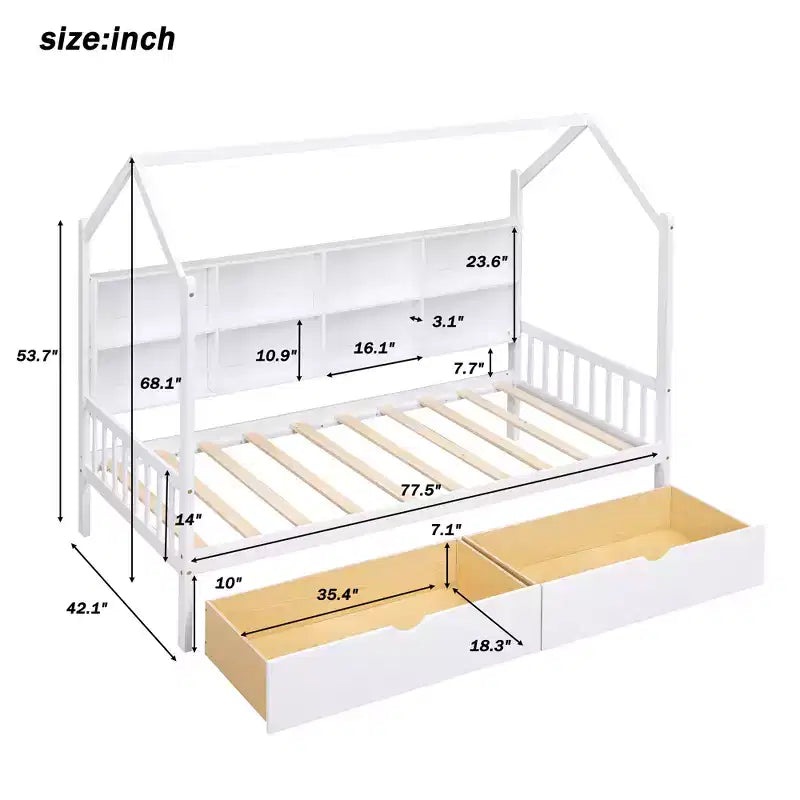 Twin Size House Bed,with Trundle and Storage Shelf,Kids Bed with Roof Design,Multifunctional Sky Roof House Bed Frame,No Box Spring Required