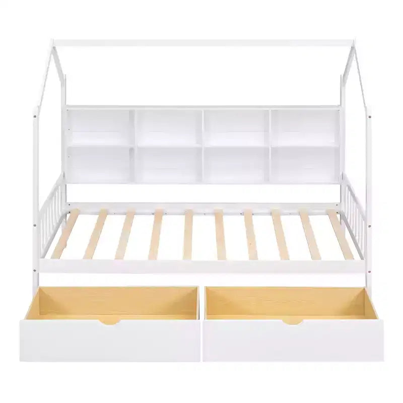 Twin Size House Bed,with Trundle and Storage Shelf,Kids Bed with Roof Design,Multifunctional Sky Roof House Bed Frame,No Box Spring Required