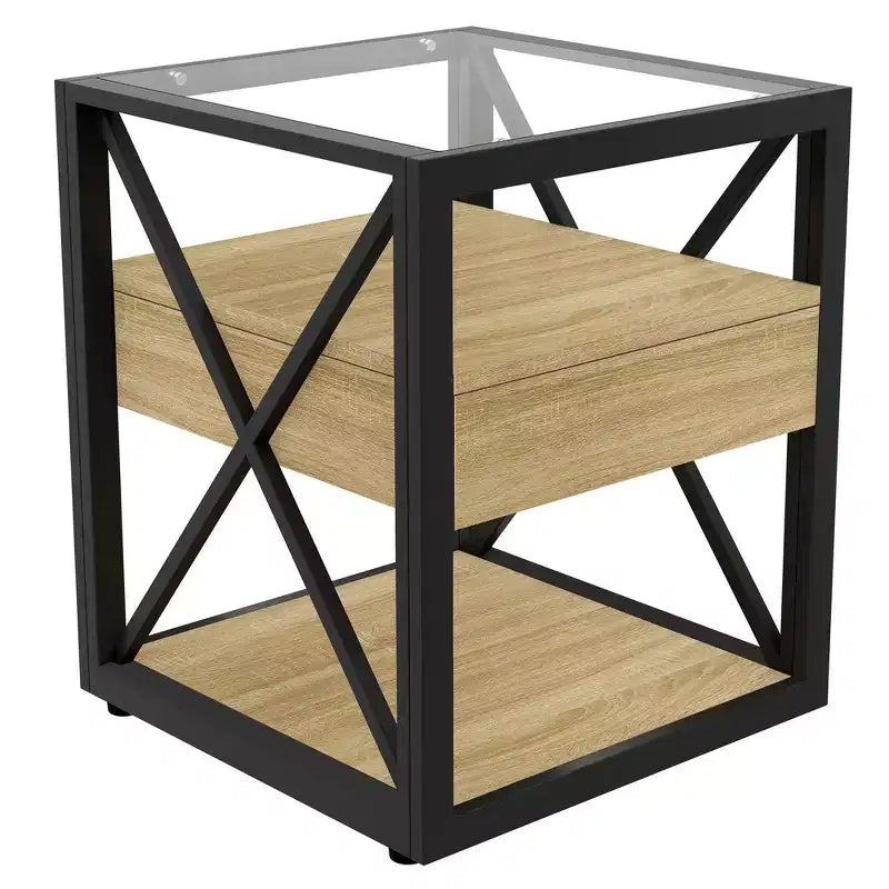 Zeus & Ruta Modern Industrial End Table with Drawer & Tempered Glass Top