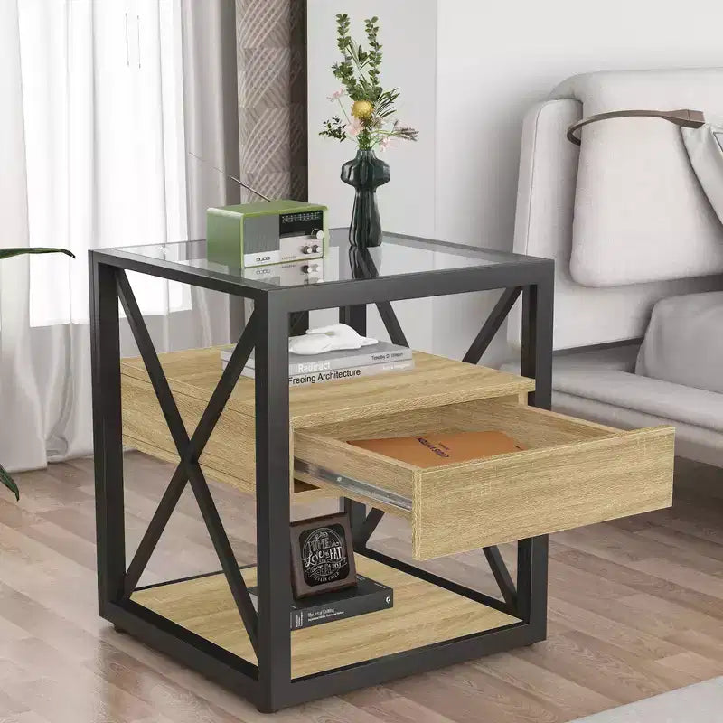 Zeus & Ruta Modern Industrial End Table with Drawer & Tempered Glass Top
