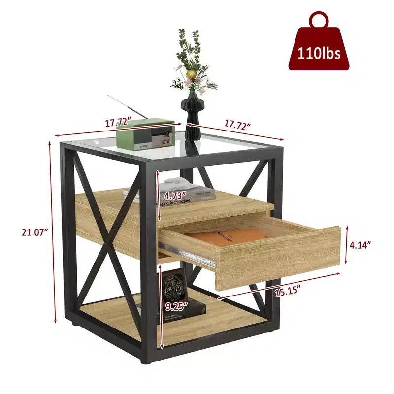 Zeus & Ruta Modern Industrial End Table with Drawer & Tempered Glass Top
