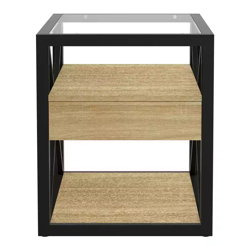 Zeus & Ruta Modern Industrial End Table with Drawer & Tempered Glass Top