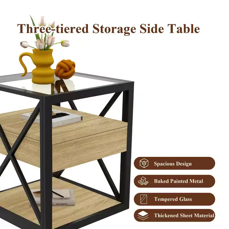 Zeus & Ruta Modern Industrial End Table with Drawer & Tempered Glass Top