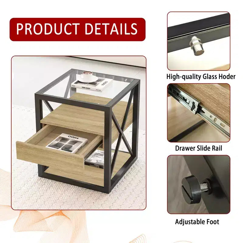 Zeus & Ruta Modern Industrial End Table with Drawer & Tempered Glass Top