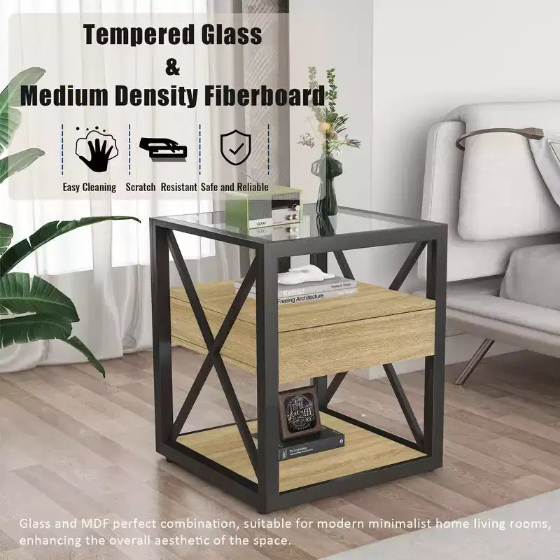 Zeus & Ruta Modern Industrial End Table with Drawer & Tempered Glass Top