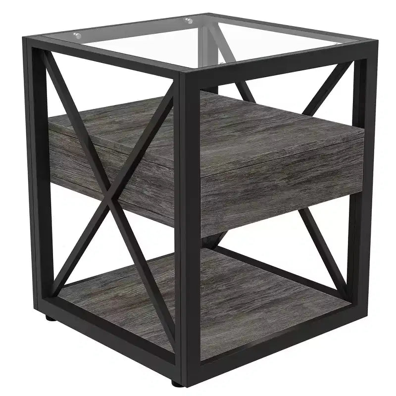 Zeus & Ruta Modern Industrial End Table with Drawer & Tempered Glass Top