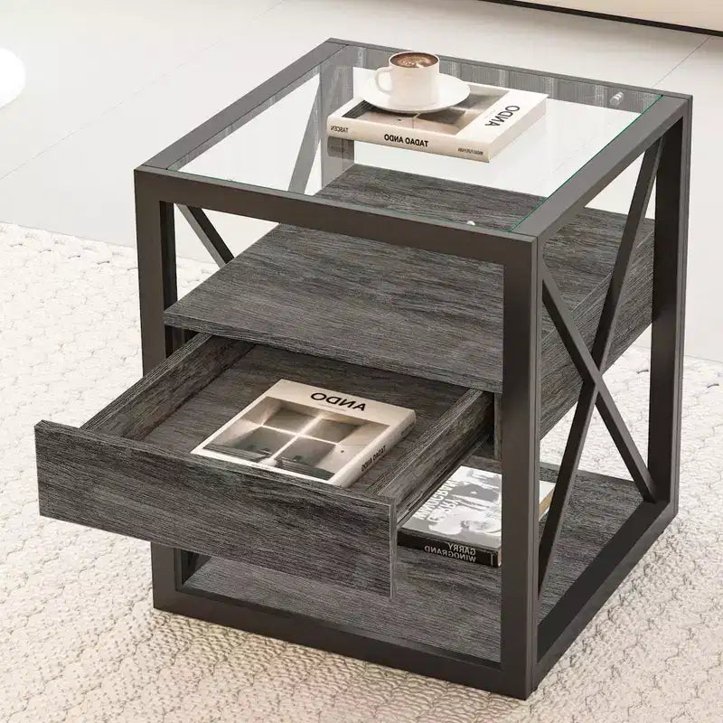 Zeus & Ruta Modern Industrial End Table with Drawer & Tempered Glass Top