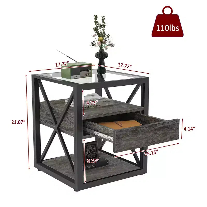 Zeus & Ruta Modern Industrial End Table with Drawer & Tempered Glass Top