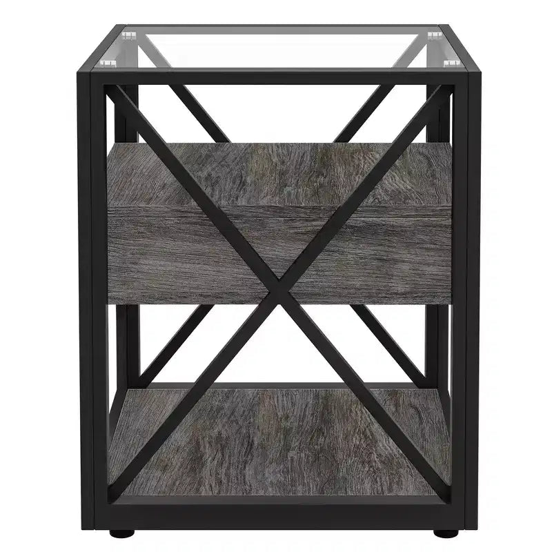 Zeus & Ruta Modern Industrial End Table with Drawer & Tempered Glass Top