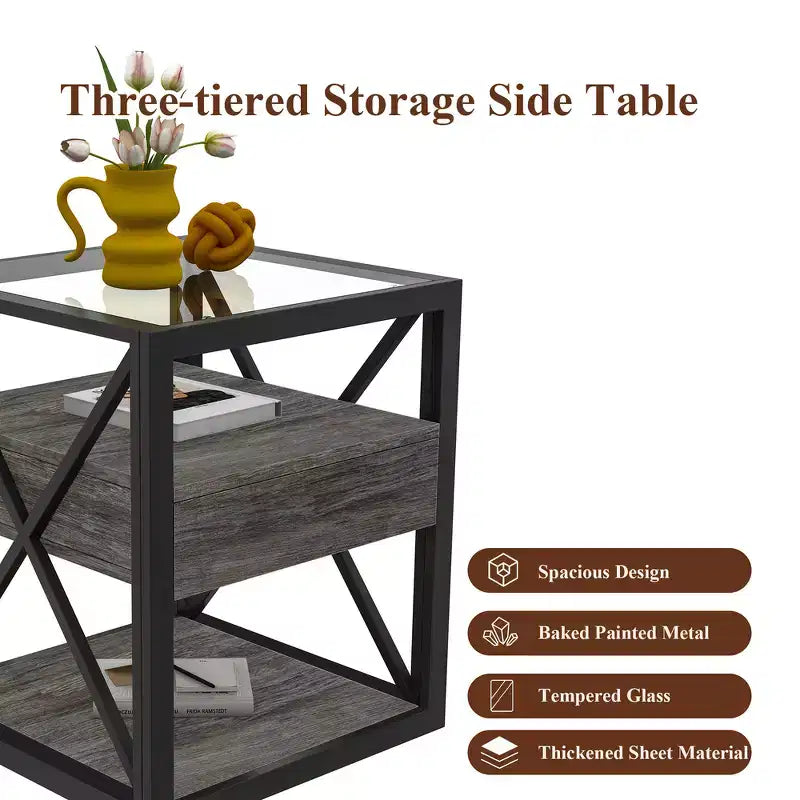 Zeus & Ruta Modern Industrial End Table with Drawer & Tempered Glass Top