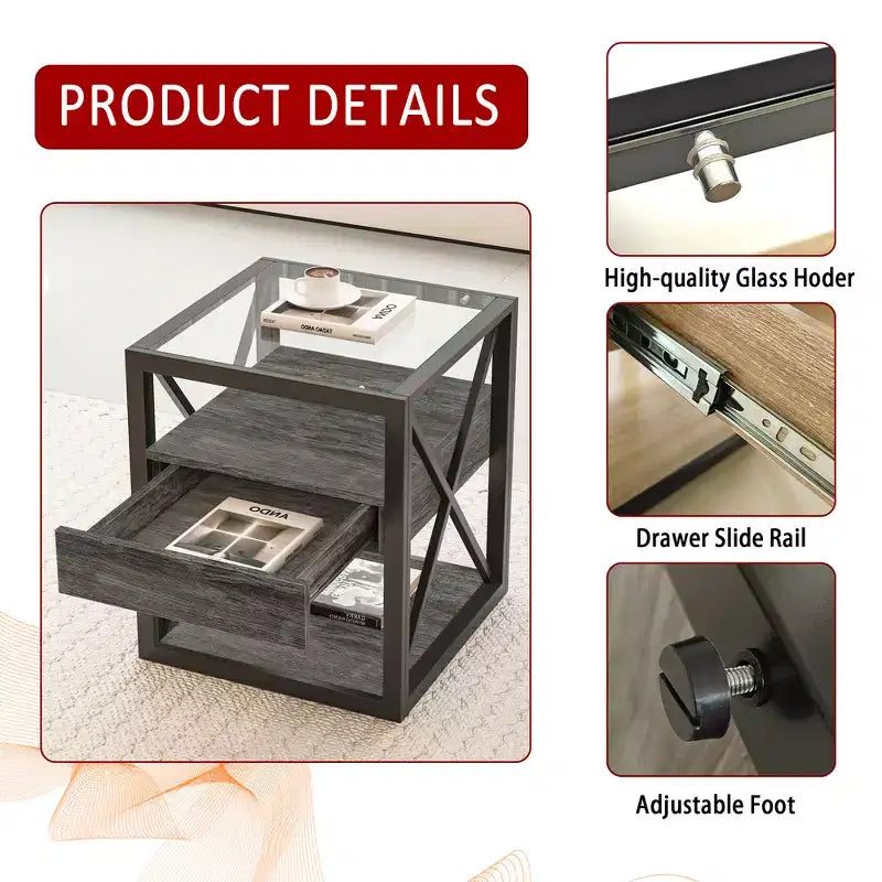 Zeus & Ruta Modern Industrial End Table with Drawer & Tempered Glass Top