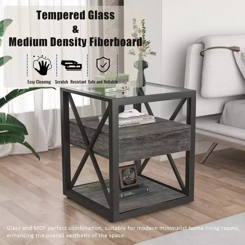 Zeus & Ruta Modern Industrial End Table with Drawer & Tempered Glass Top