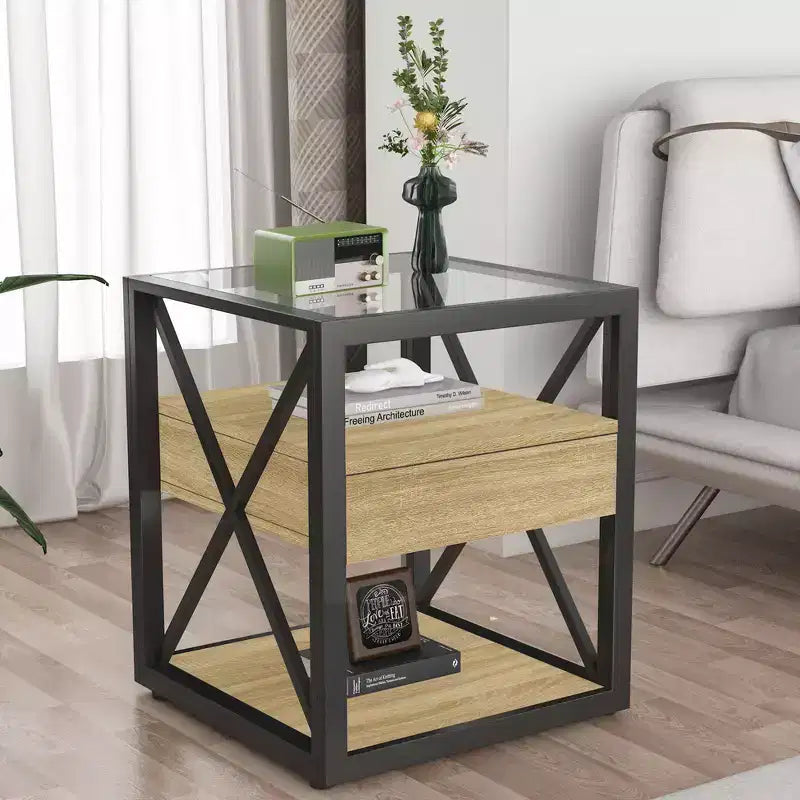 Zeus & Ruta Modern Industrial End Table with Drawer & Tempered Glass Top
