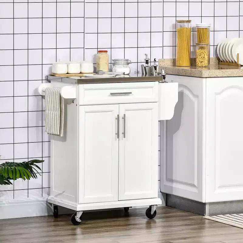 FAMYYT White Stainless Steel Top 33 in. Kitchen Island Cart with Utility Storage, Drawers, Spice Rack, Towel Rack, and 4 Wheels