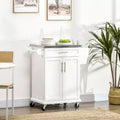 FAMYYT White Stainless Steel Top 33 in. Kitchen Island Cart with Utility Storage, Drawers, Spice Rack, Towel Rack, and 4 Wheels