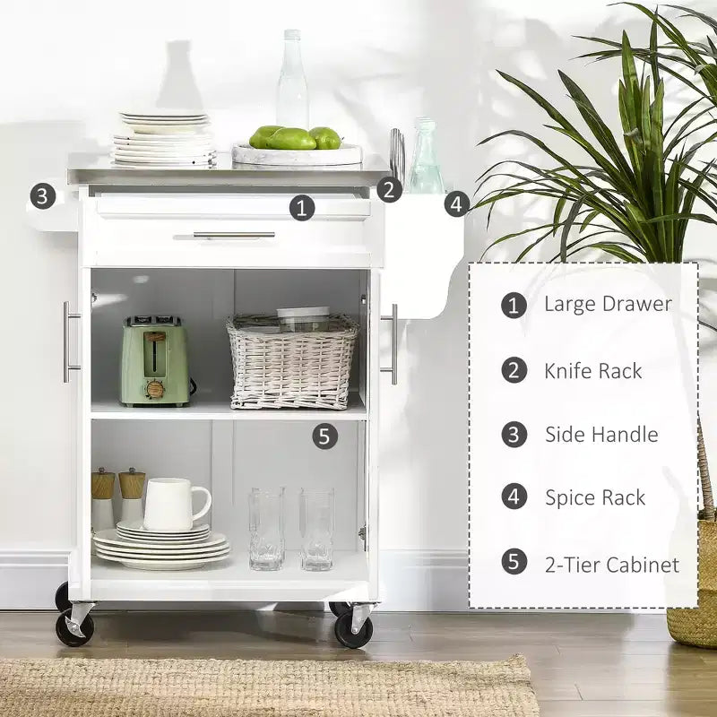 FAMYYT White Stainless Steel Top 33 in. Kitchen Island Cart with Utility Storage, Drawers, Spice Rack, Towel Rack, and 4 Wheels