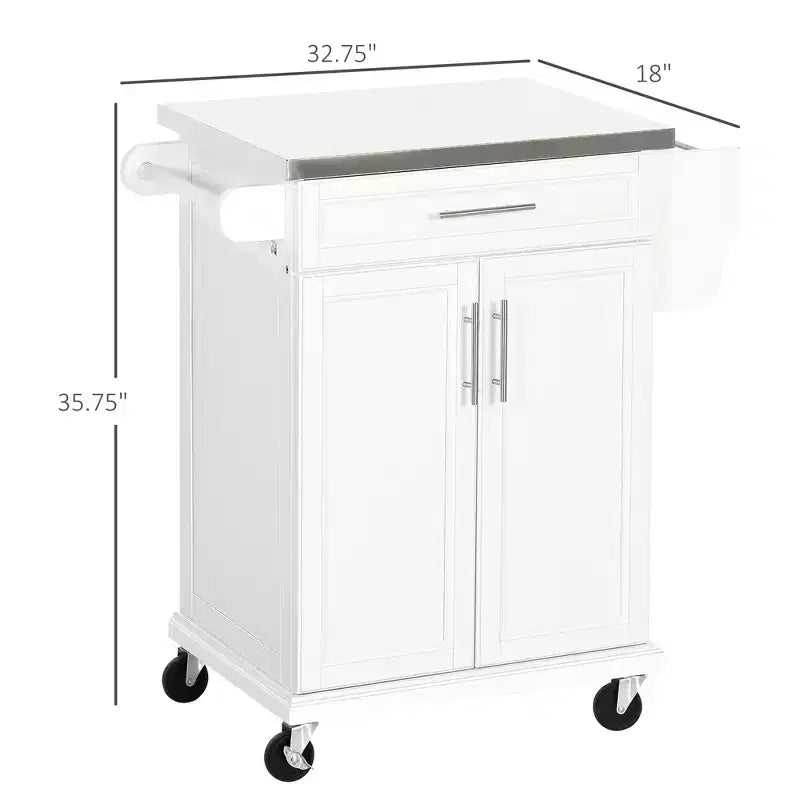 FAMYYT White Stainless Steel Top 33 in. Kitchen Island Cart with Utility Storage, Drawers, Spice Rack, Towel Rack, and 4 Wheels