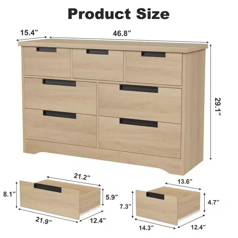 COZONY 46.8 Natural Wood 7 Drawer Dresser, Modern Double Chest with Embedded Handles for Bedroom Living Room