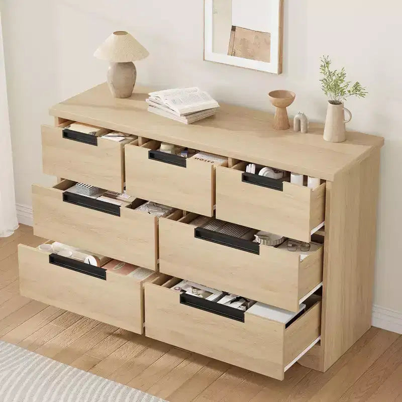 COZONY 46.8 Natural Wood 7 Drawer Dresser, Modern Double Chest with Embedded Handles for Bedroom Living Room