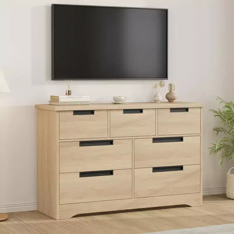 COZONY 46.8 Natural Wood 7 Drawer Dresser, Modern Double Chest with Embedded Handles for Bedroom Living Room
