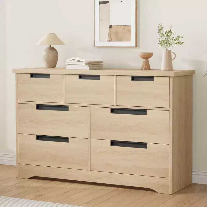 COZONY 46.8 Natural Wood 7 Drawer Dresser, Modern Double Chest with Embedded Handles for Bedroom Living Room