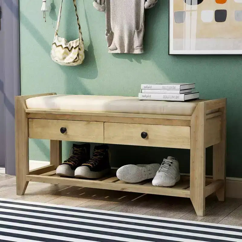TUYOHW Solid Wood Shoe Storage Bench with 2 Drawers & Cushion,Multipurpose Entryway Organizer with Grid Rack Base,Gray Wash