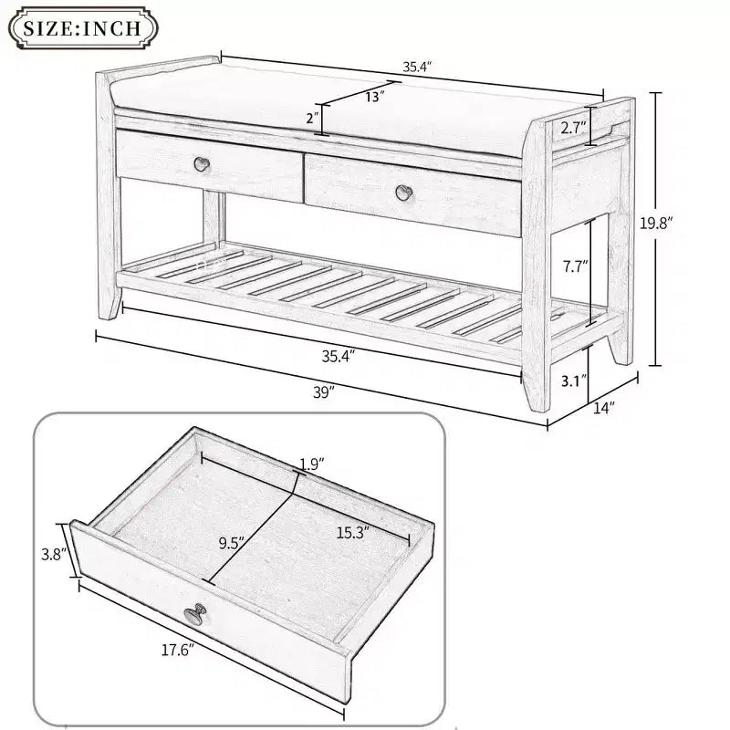 TUYOHW Solid Wood Shoe Storage Bench with 2 Drawers & Cushion,Multipurpose Entryway Organizer with Grid Rack Base,Gray Wash