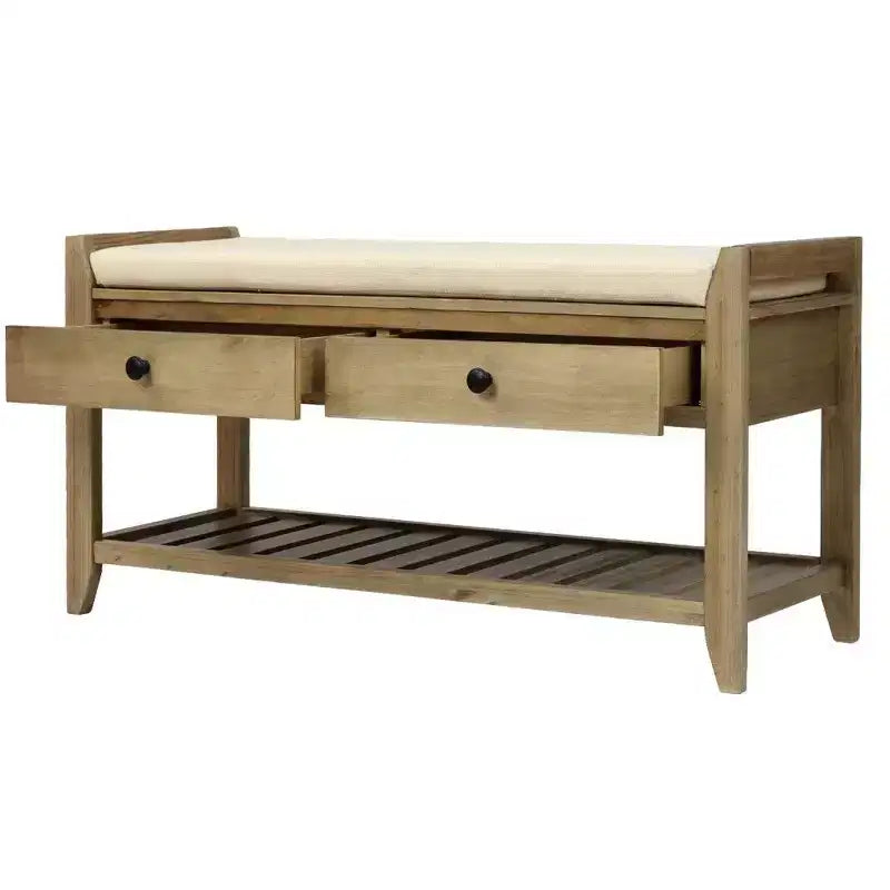 TUYOHW Solid Wood Shoe Storage Bench with 2 Drawers & Cushion,Multipurpose Entryway Organizer with Grid Rack Base,Gray Wash