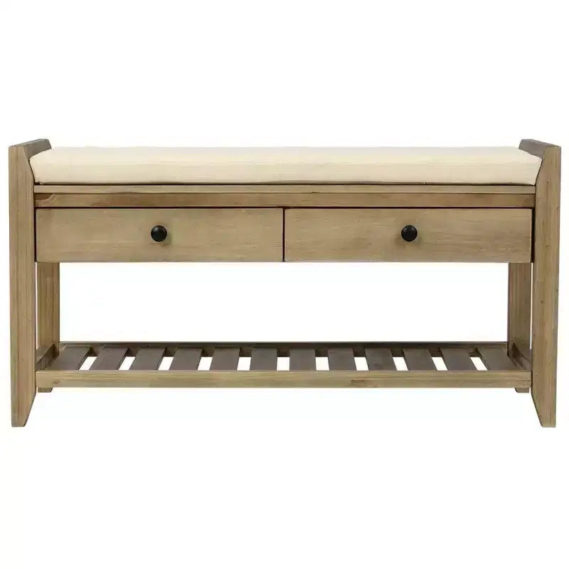 TUYOHW Solid Wood Shoe Storage Bench with 2 Drawers & Cushion,Multipurpose Entryway Organizer with Grid Rack Base,Gray Wash