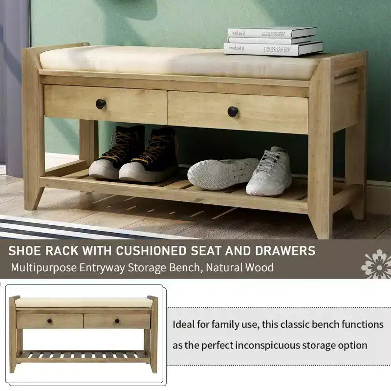 TUYOHW Solid Wood Shoe Storage Bench with 2 Drawers & Cushion,Multipurpose Entryway Organizer with Grid Rack Base,Gray Wash
