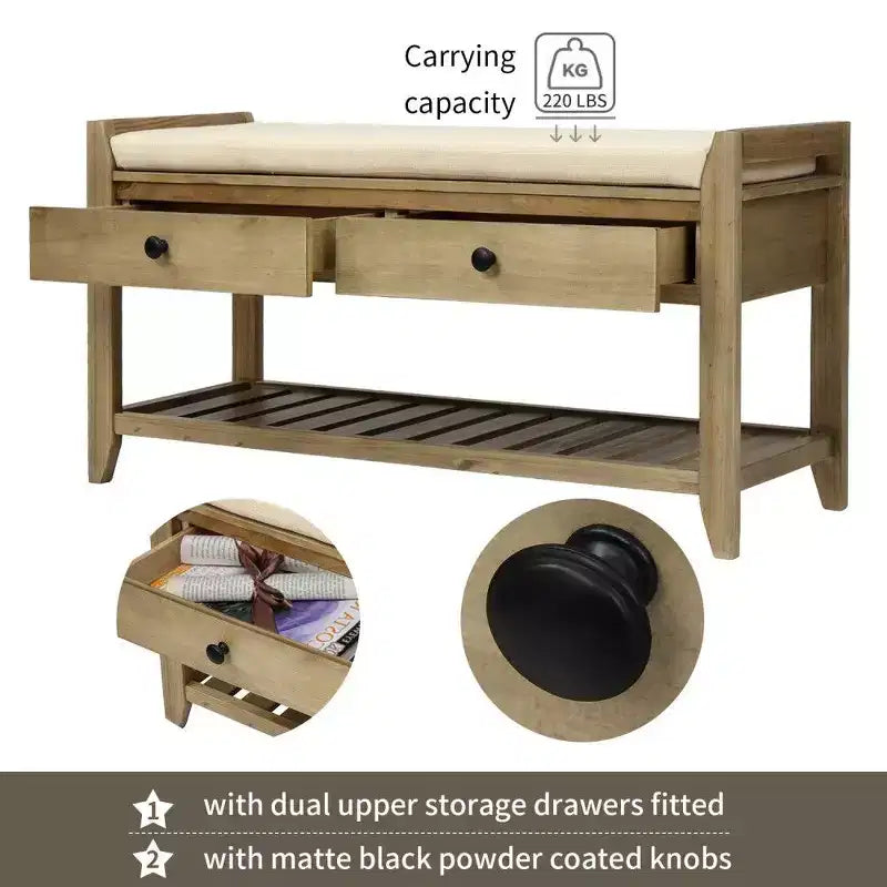 TUYOHW Solid Wood Shoe Storage Bench with 2 Drawers & Cushion,Multipurpose Entryway Organizer with Grid Rack Base,Gray Wash