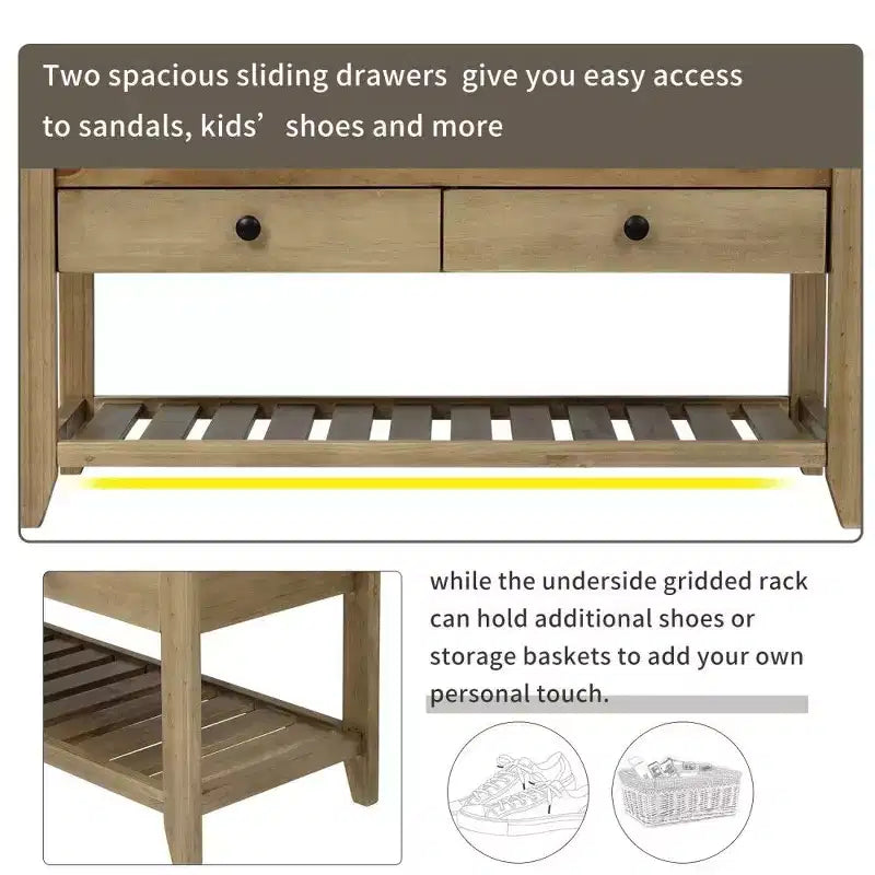 TUYOHW Solid Wood Shoe Storage Bench with 2 Drawers & Cushion,Multipurpose Entryway Organizer with Grid Rack Base,Gray Wash