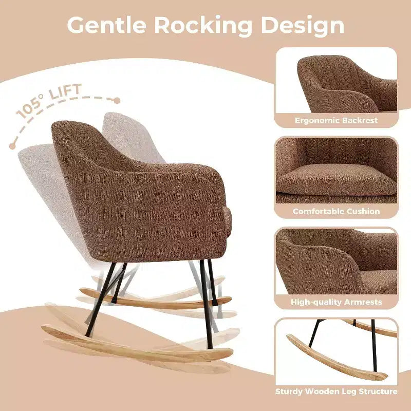Chenille Fabric Sofa Glider Rocker, Brown or Beige Upholstered Living Room Chair with Solid Wood Frame