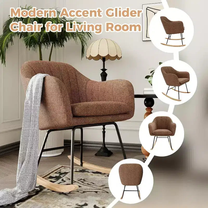 Chenille Fabric Sofa Glider Rocker, Brown or Beige Upholstered Living Room Chair with Solid Wood Frame