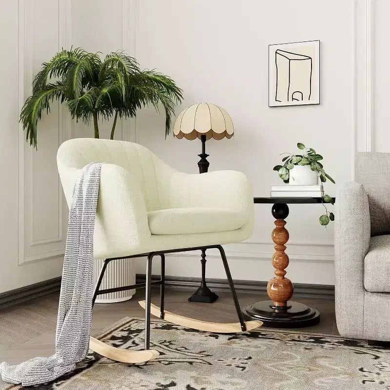 Chenille Fabric Sofa Glider Rocker, Brown or Beige Upholstered Living Room Chair with Solid Wood Frame