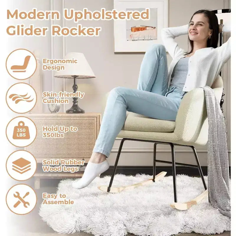 Chenille Fabric Sofa Glider Rocker, Brown or Beige Upholstered Living Room Chair with Solid Wood Frame