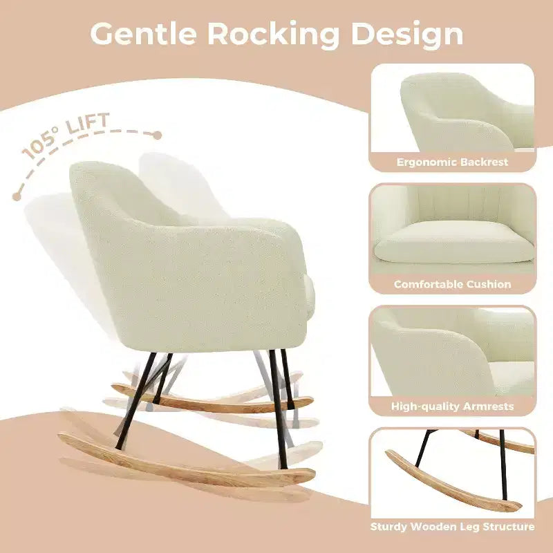 Chenille Fabric Sofa Glider Rocker, Brown or Beige Upholstered Living Room Chair with Solid Wood Frame