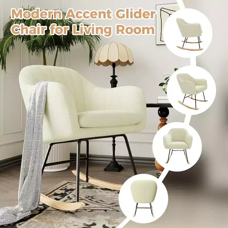 Chenille Fabric Sofa Glider Rocker, Brown or Beige Upholstered Living Room Chair with Solid Wood Frame