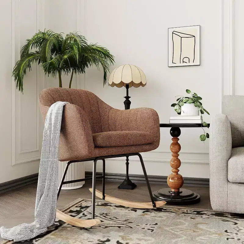 Chenille Fabric Sofa Glider Rocker, Brown or Beige Upholstered Living Room Chair with Solid Wood Frame