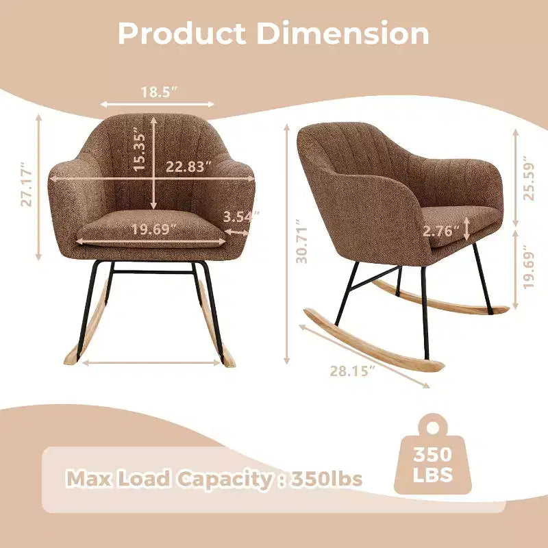 Chenille Fabric Sofa Glider Rocker, Brown or Beige Upholstered Living Room Chair with Solid Wood Frame