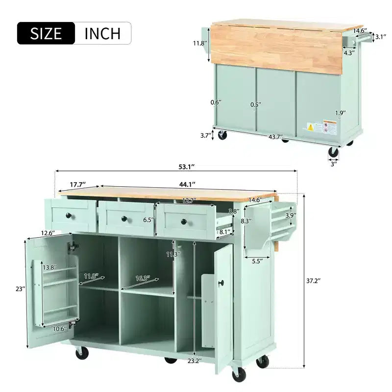 FAMYYT Rolling Green Drop Leaf Wood Top 53 in. Kitchen Island Cart with Storage Racks, Removable Shelves, 5 Wheels