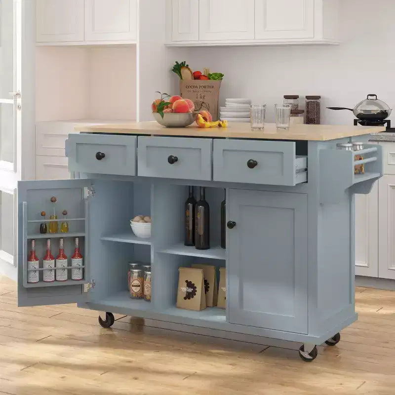 FAMYYT Rolling Green Drop Leaf Wood Top 53 in. Kitchen Island Cart with Storage Racks, Removable Shelves, 5 Wheels