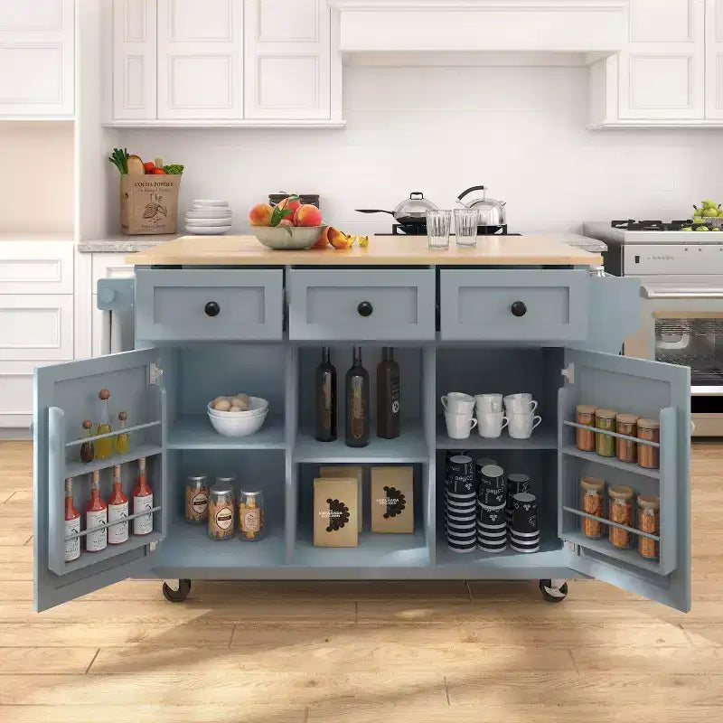 FAMYYT Rolling Green Drop Leaf Wood Top 53 in. Kitchen Island Cart with Storage Racks, Removable Shelves, 5 Wheels