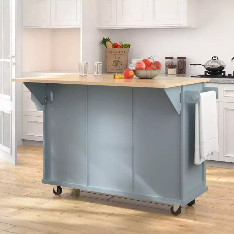 FAMYYT Rolling Green Drop Leaf Wood Top 53 in. Kitchen Island Cart with Storage Racks, Removable Shelves, 5 Wheels