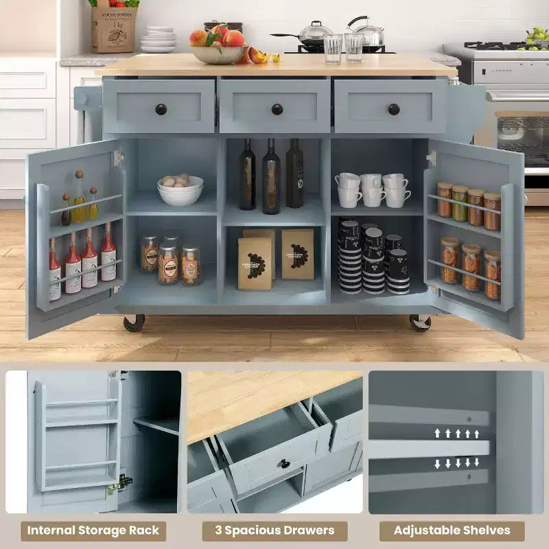 FAMYYT Rolling Green Drop Leaf Wood Top 53 in. Kitchen Island Cart with Storage Racks, Removable Shelves, 5 Wheels