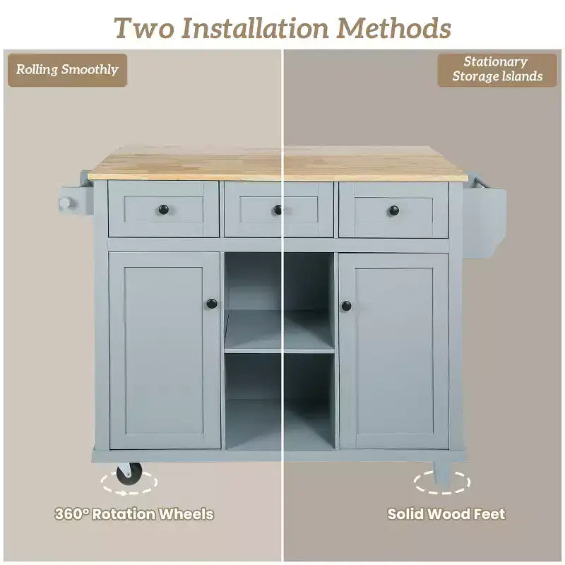 FAMYYT Rolling Green Drop Leaf Wood Top 53 in. Kitchen Island Cart with Storage Racks, Removable Shelves, 5 Wheels