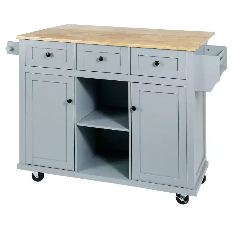 FAMYYT Rolling Green Drop Leaf Wood Top 53 in. Kitchen Island Cart with Storage Racks, Removable Shelves, 5 Wheels