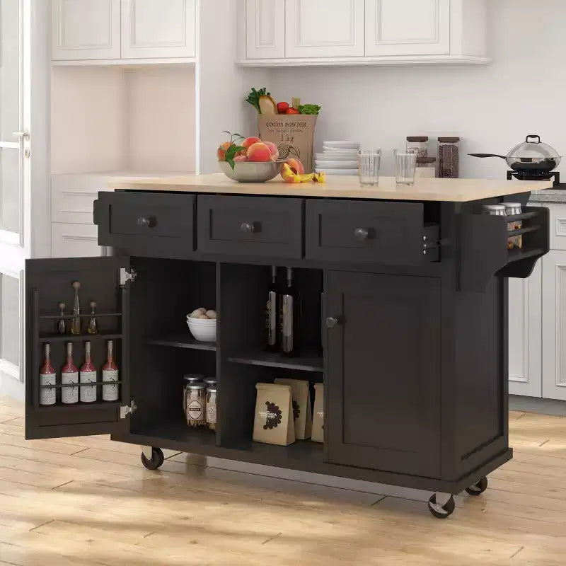 FAMYYT Rolling Green Drop Leaf Wood Top 53 in. Kitchen Island Cart with Storage Racks, Removable Shelves, 5 Wheels