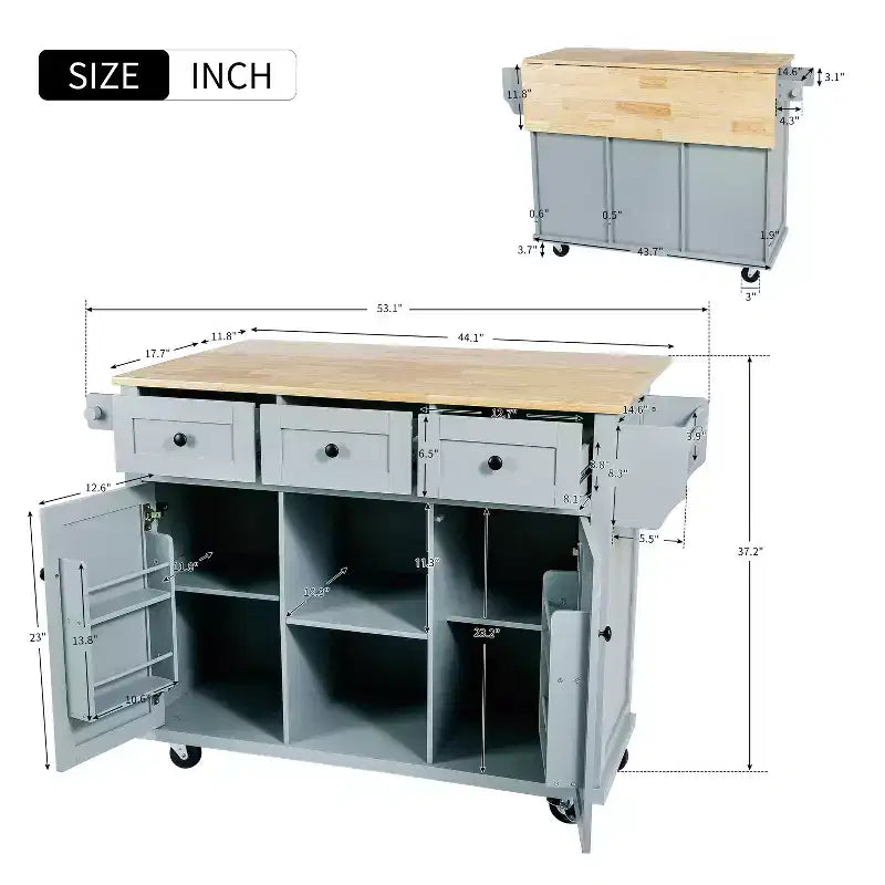 FAMYYT Rolling Green Drop Leaf Wood Top 53 in. Kitchen Island Cart with Storage Racks, Removable Shelves, 5 Wheels